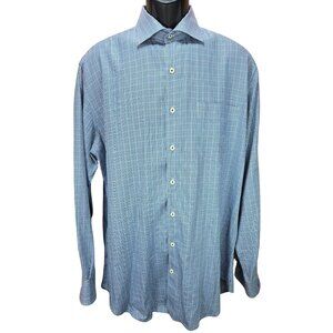 Peter Millar Mens Blue/Green Gingham Long Sleeve Button-Down Cotton Shirt Large